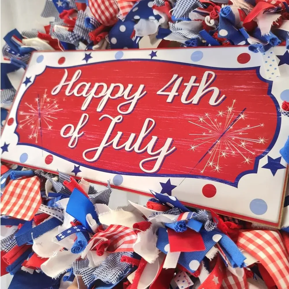 Happy 4th of July Handcrafted Rag & Ribbon Wreath, 16